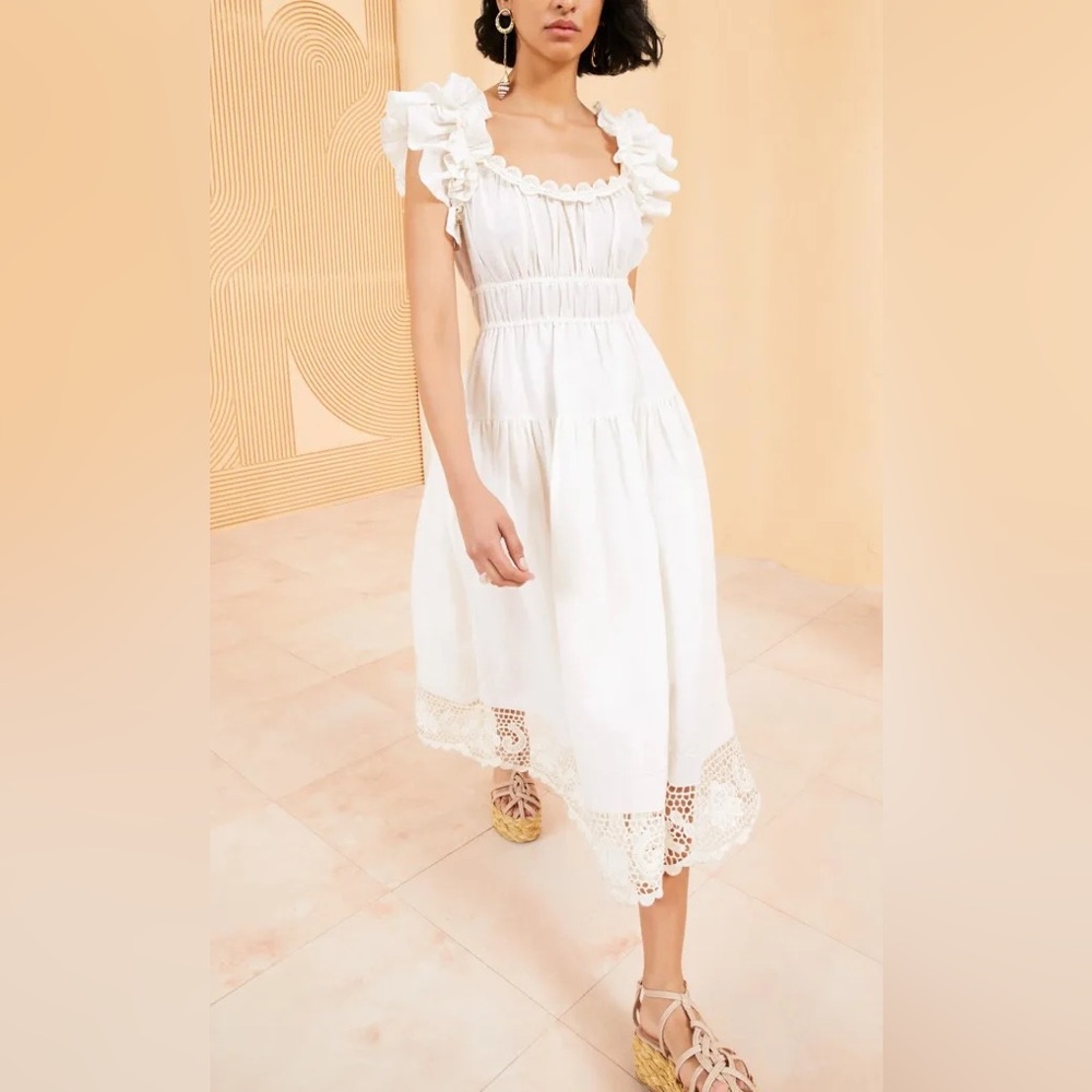 Cream-White Midi Dress with Lace Trim